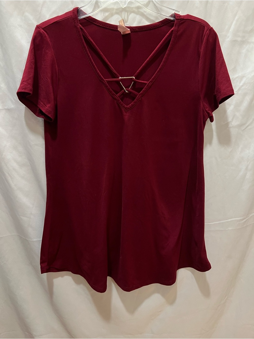 V-Neck Short Sleeve Tee with Crisscross Detail - Burgundy